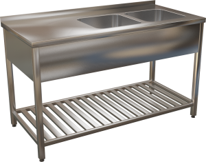 KSVKR - Nerezový umývací stôl s lisovanými drezmi a roštovou policou