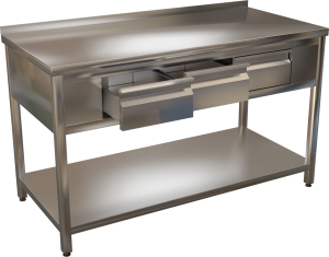 KSPZH-3 - Nerezový pracovný stôl s troma zásuvkami a policou